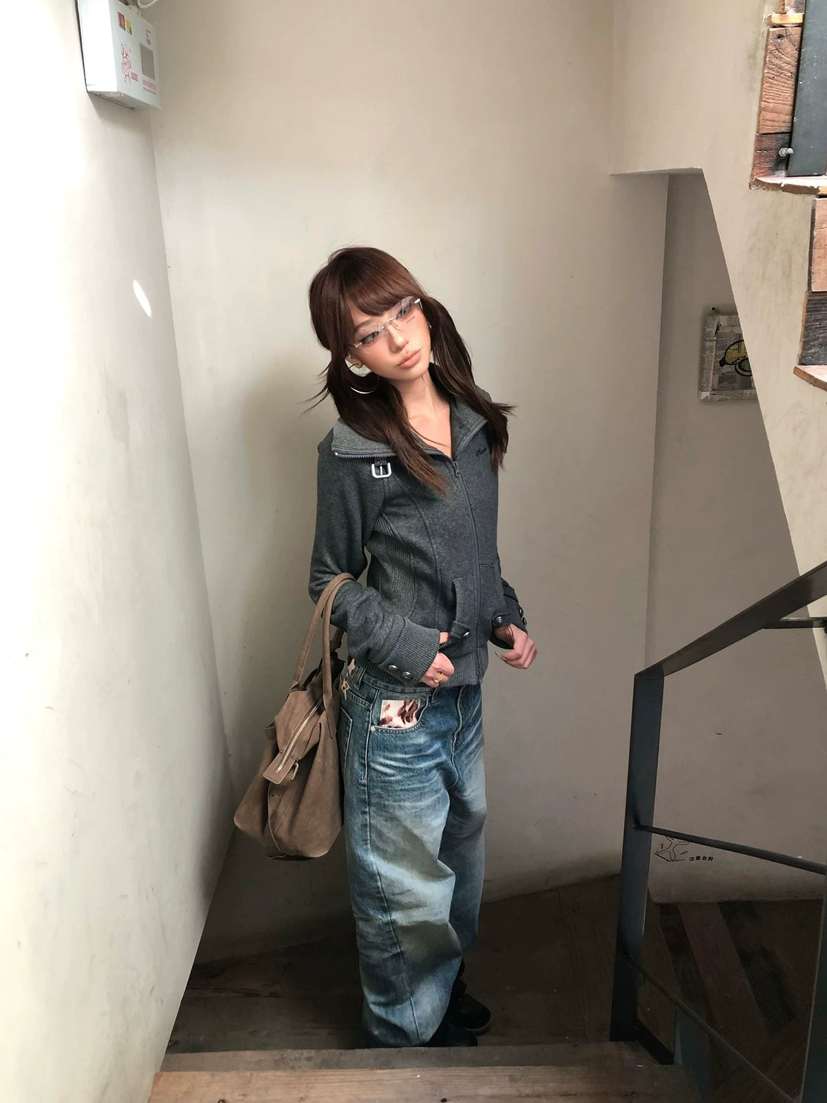 HABON Women's American Casual Lapel Zip-Up Cardigan Sweatshirt
