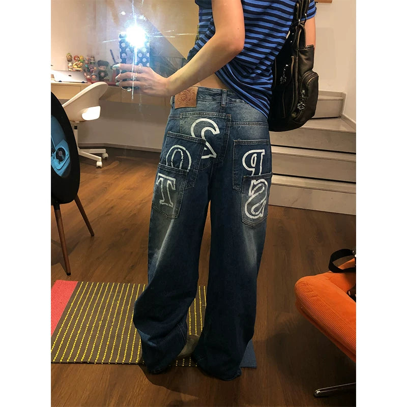 HABON American Style Patchwork Pocket Wide Leg Straight Jeans