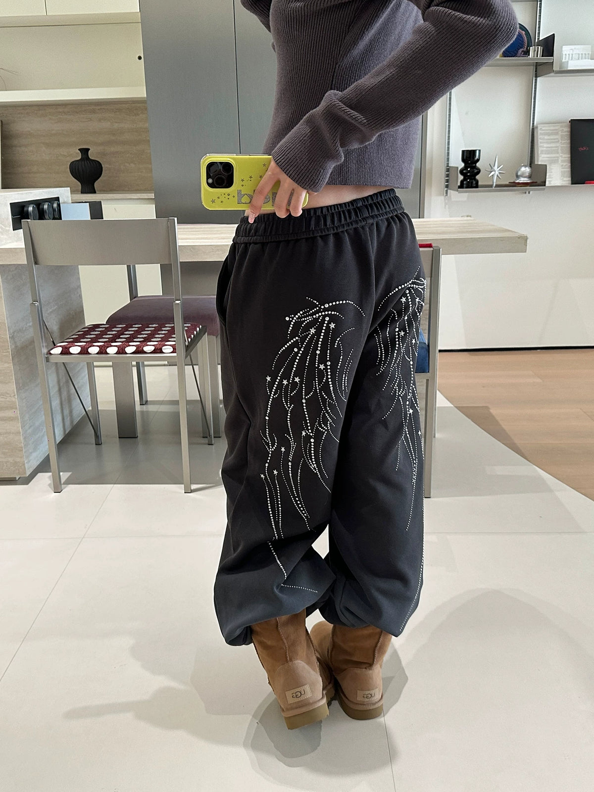 HABON American Style Wing Print Elastic Waist Wide Leg Sweatpants