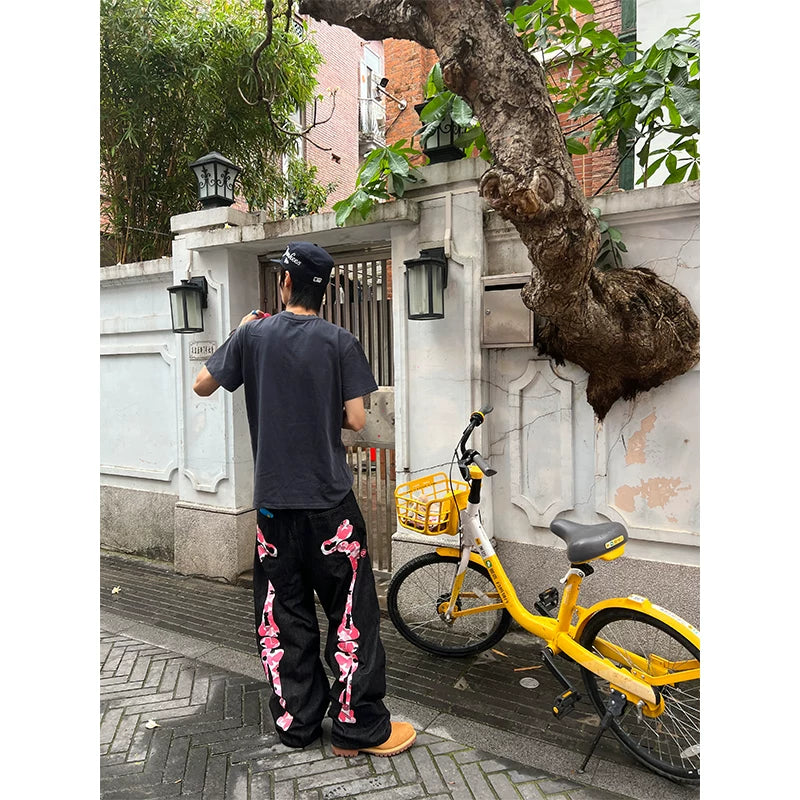 HABON American Style Skeleton Print Wide-Leg Jeans for Men and Women