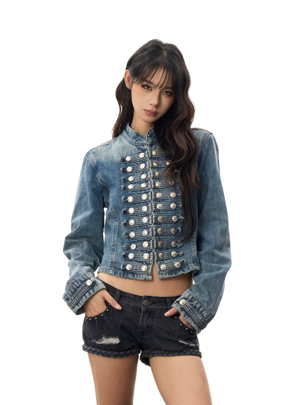HABON American Vintage Double Breasted Cropped Denim Jacket