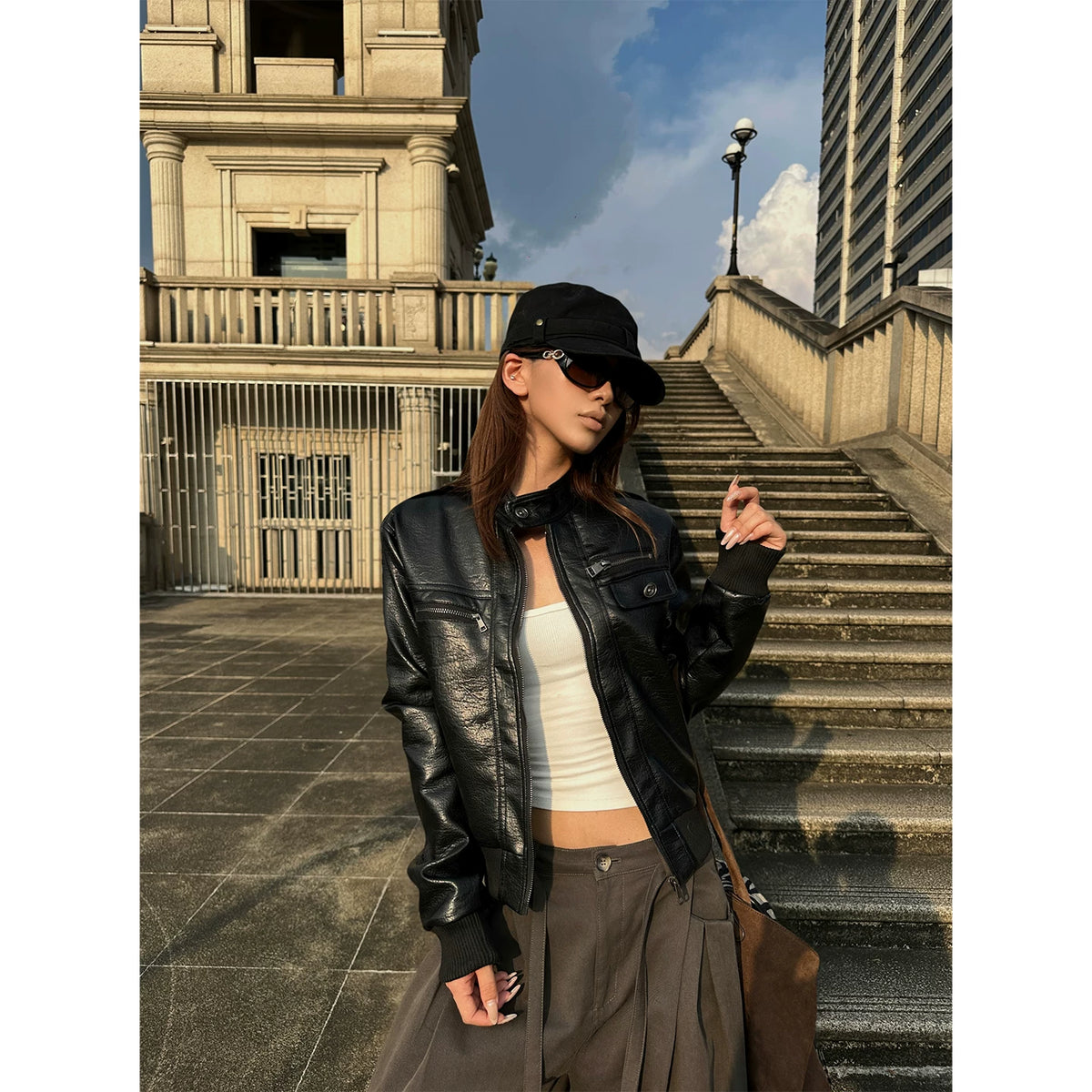 HABON American Style Casual Retro Zip-Up PU Leather Jacket for Men and Women