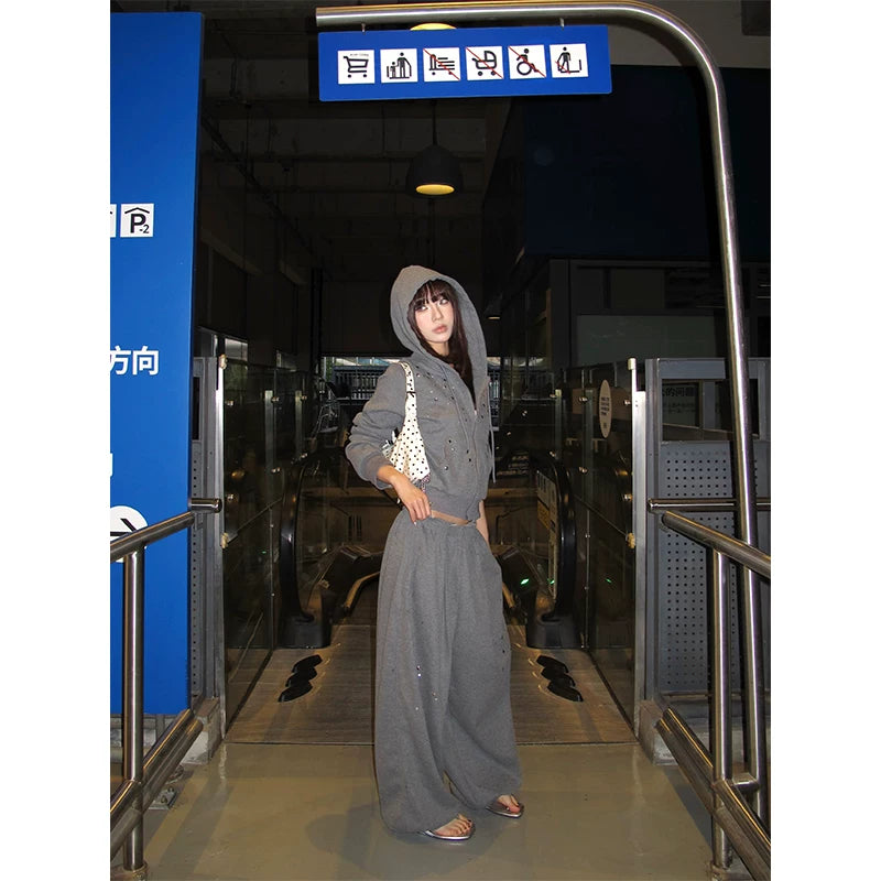 HABON American Style Studded Hooded Cardigan Sweatshirt Set