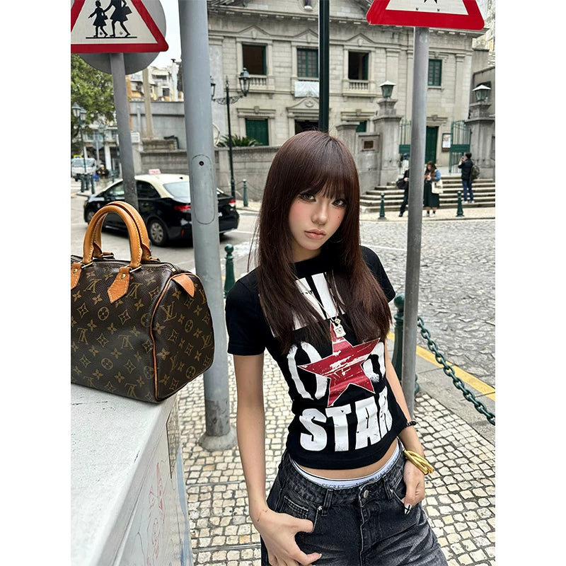HABON American Style Star Letter Print Women's Short Sleeve T-Shirt