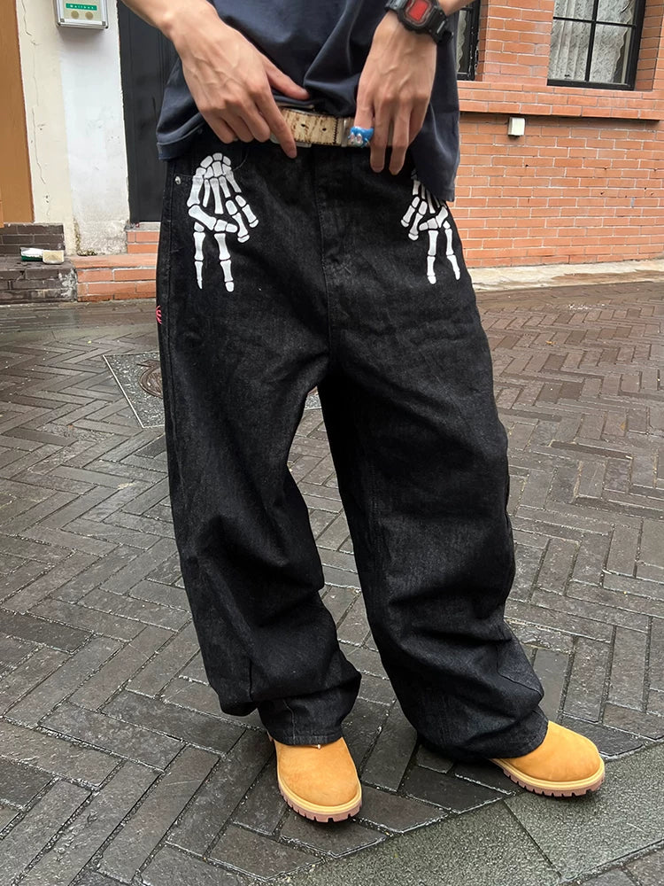 HABON American Style Skeleton Print Wide-Leg Jeans for Men and Women