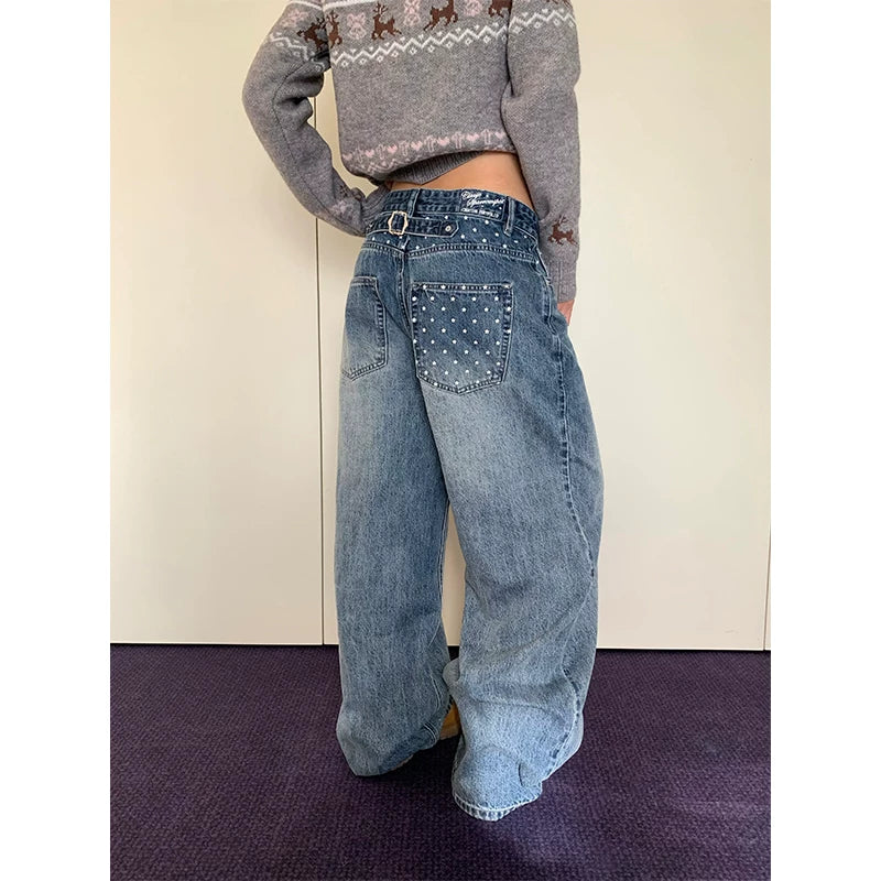 HABON American Style Star Print Washed Wide-Leg Jeans for Men and Women
