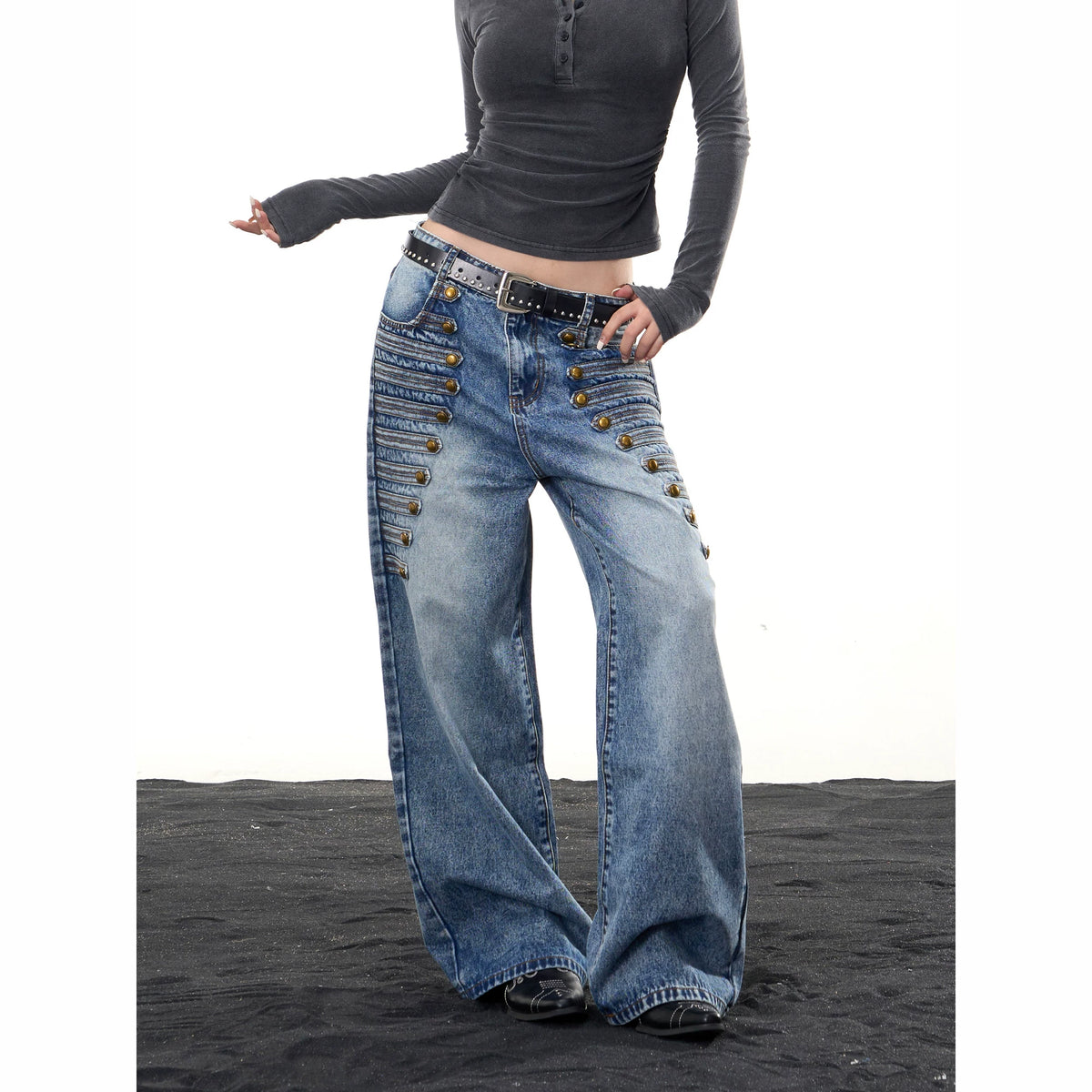 HABON American Vintage Court Style Multi-Button Low Waist Wide Leg Jeans