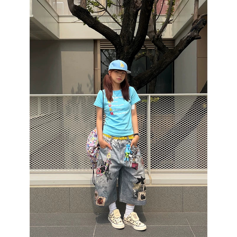 HABON American Style Washed Distressed 3D Printed Denim Shorts