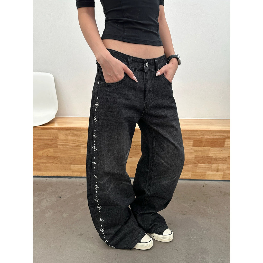 HABON American Style Beaded Straight Leg Jeans for Men and Women
