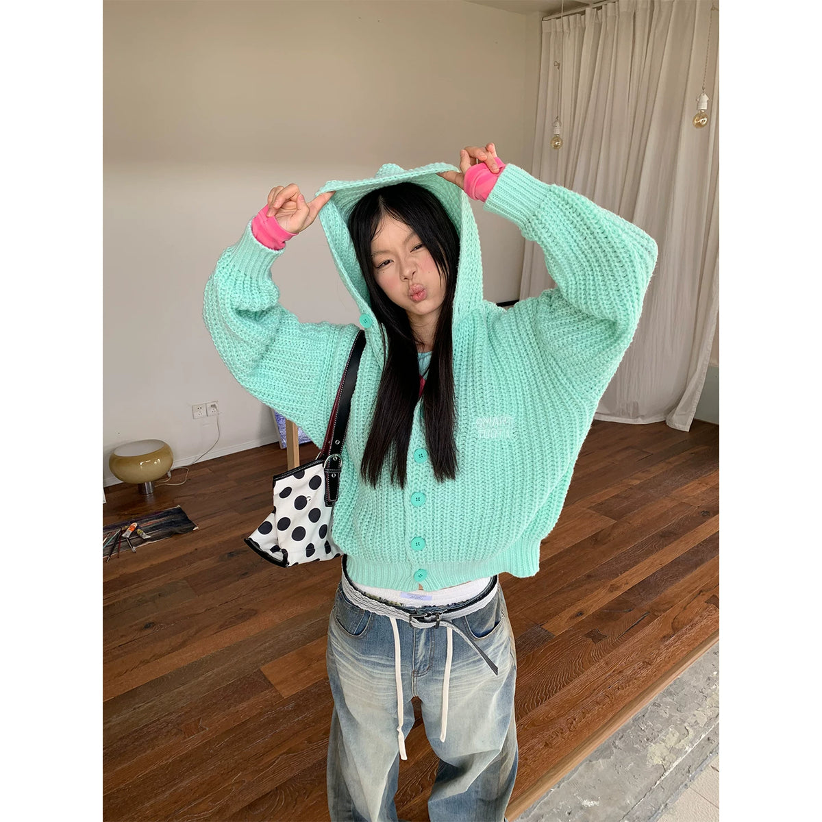 HABON American Style Casual Button Knitted Hooded Cardigan Sweater