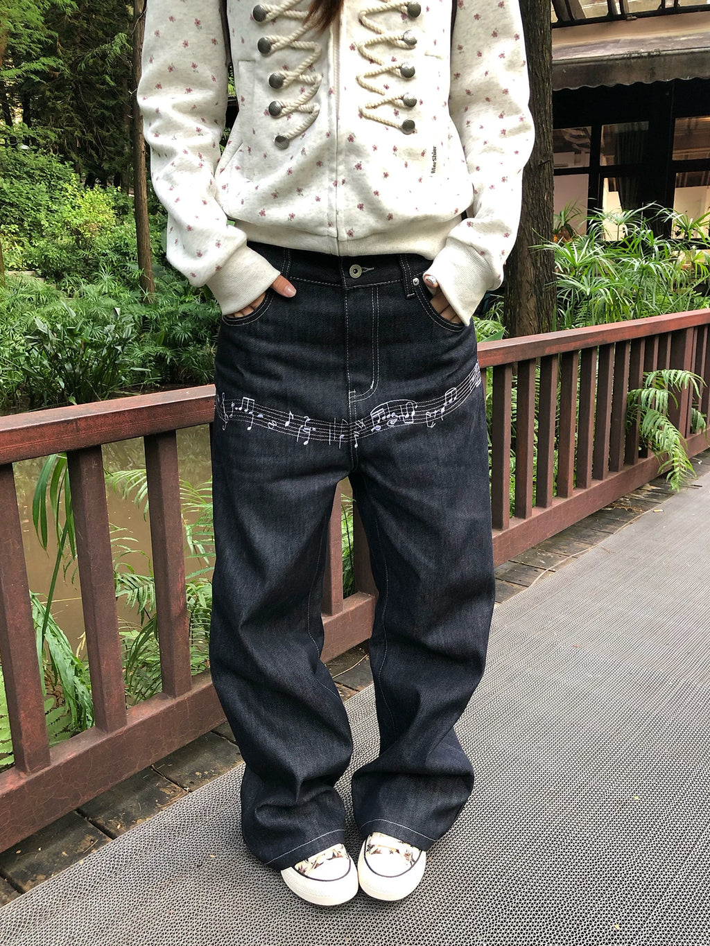 HABON American Vintage Musical Note Print Loose Straight Jeans