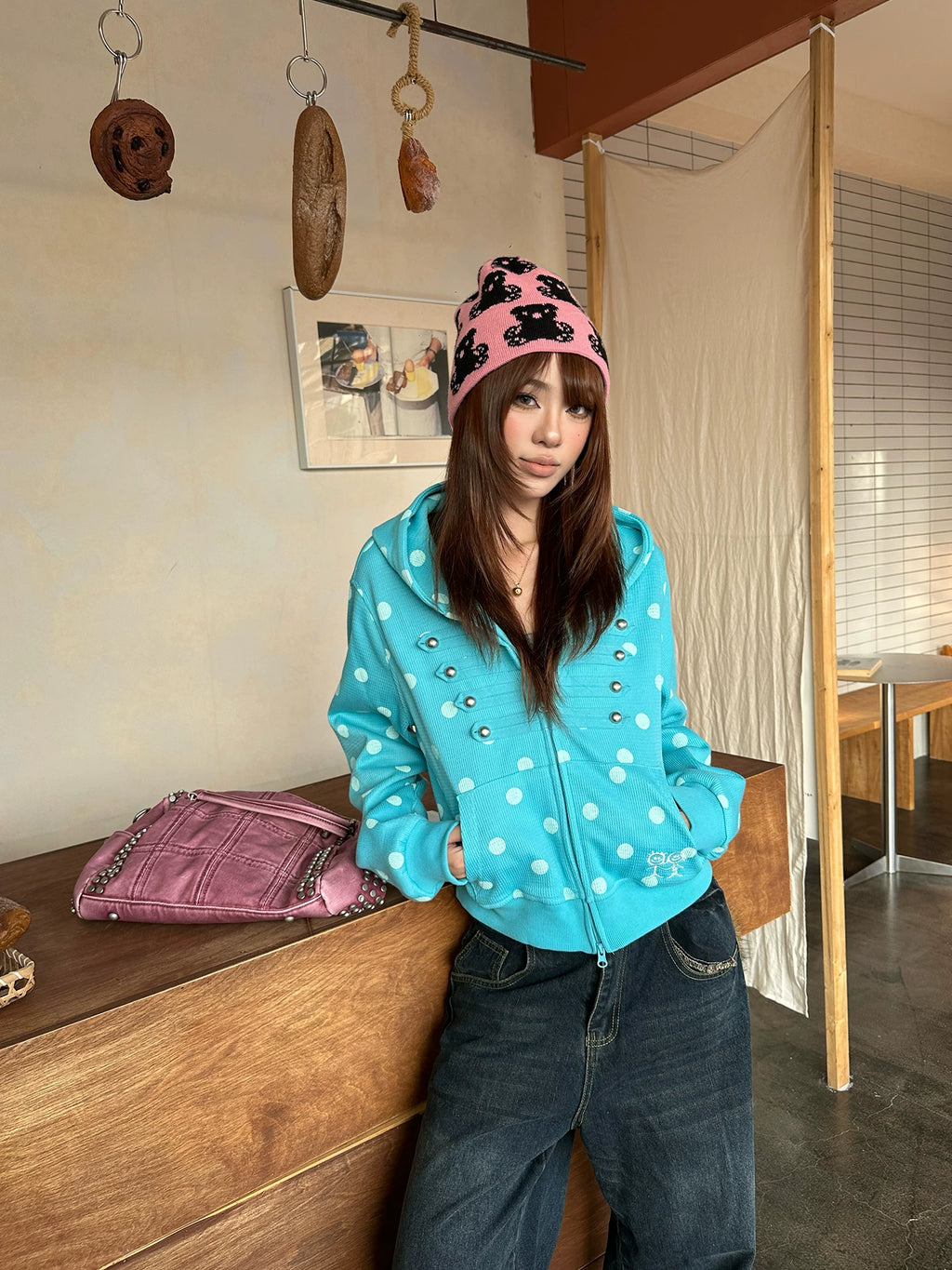 HABON American Style Polka Dot Zip Up Hoodie for Men and Women