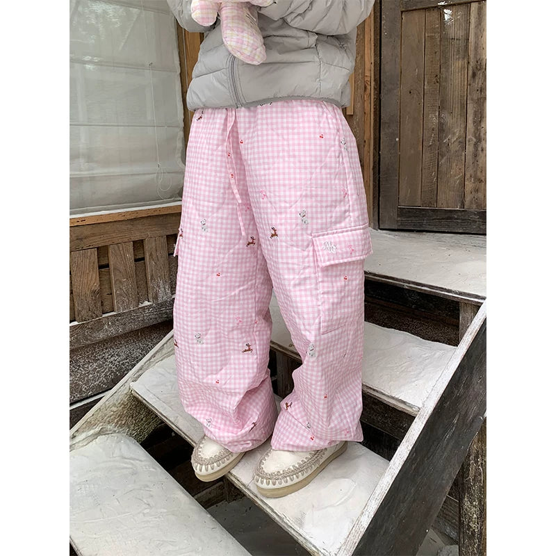 HABON Winter American Style Retro Plaid Loose Padded Warm Straight Pants
