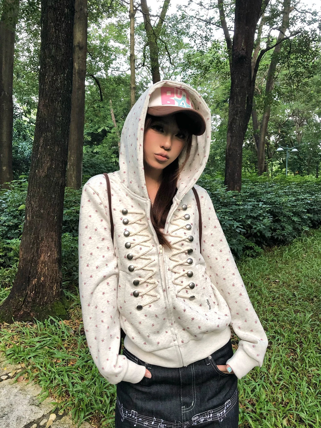 HABON American Style Floral Print Hooded Cardigan Jacket for Men and Women