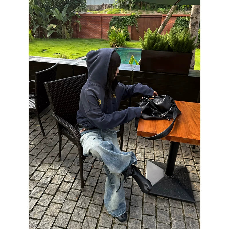 HABON Washed Distressed Paint Splatter Zip-Up Boxy Hoodie