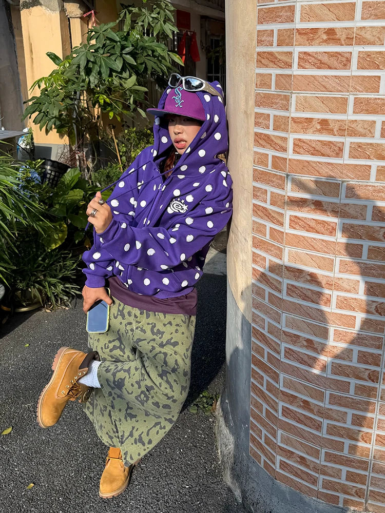 HABON American Style Polka Dot Full Print Zip Up Hooded Sweatshirt