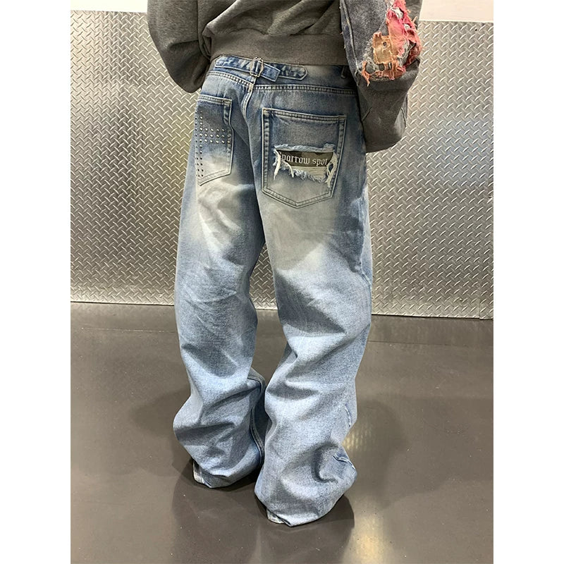 HABON American Washed Cross Studded Wide Leg Jeans