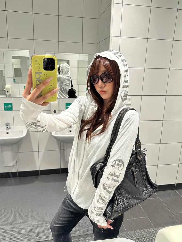 HABON American Gothic Rhinestone Hooded Cardigan T-Shirt