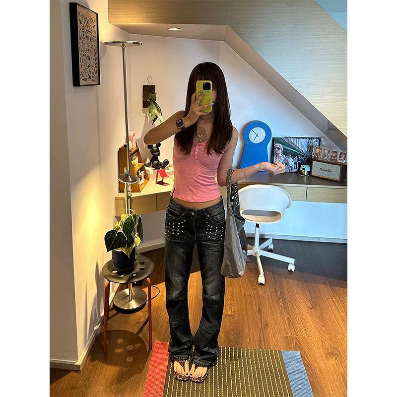 HABON American Style Rhinestone Flared Washed Women's Jeans