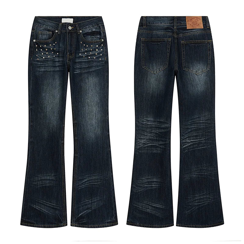HABON American Style Rhinestone Flared Washed Women's Jeans