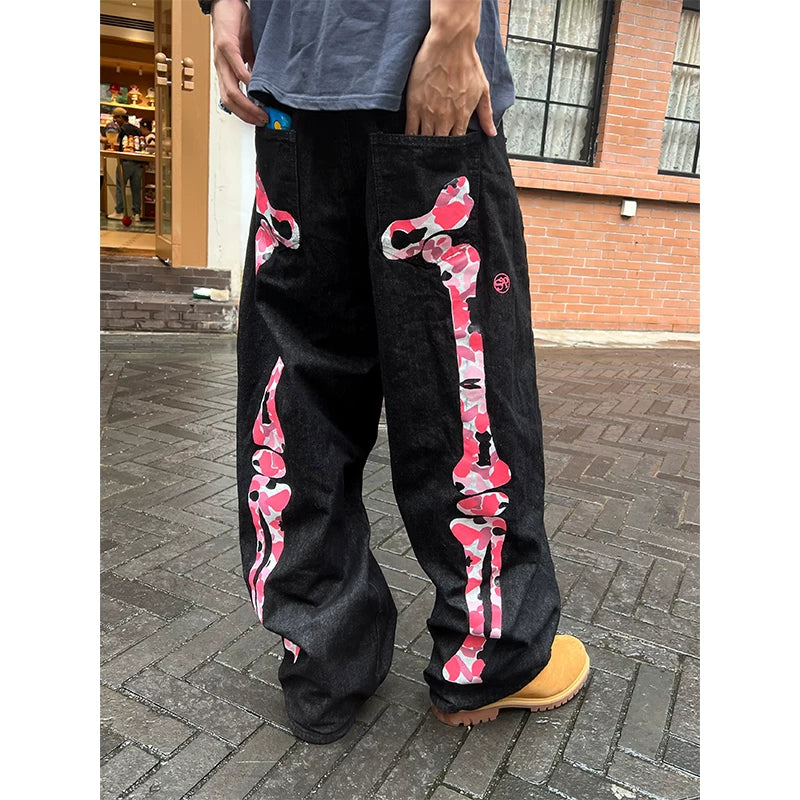 HABON American Style Skeleton Print Wide-Leg Jeans for Men and Women