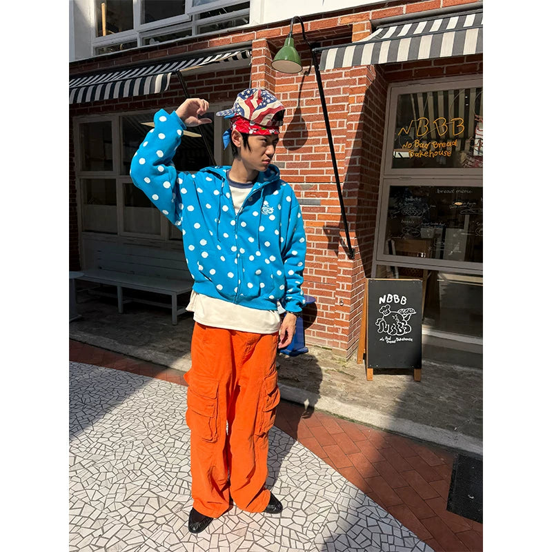 HABON American Style Polka Dot Full Print Zip Up Hooded Sweatshirt
