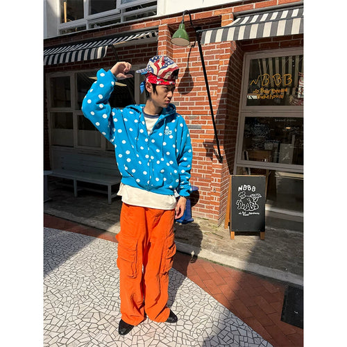 HABON American Style Polka Dot Full Print Zip Up Hooded Sweatshirt