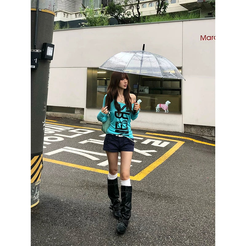 HABON Women's American Retro U-Neck Letter Print Long Sleeve Slim Fit T-Shirt