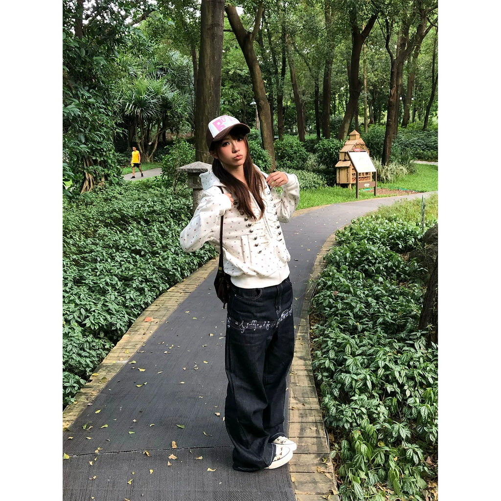 HABON American Vintage Musical Note Print Loose Straight Jeans