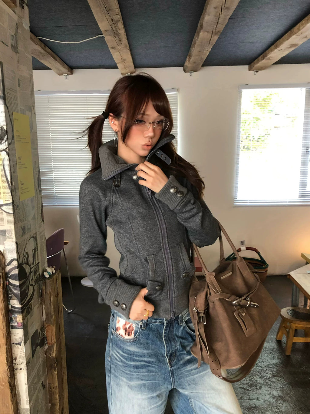 HABON Women's American Casual Lapel Zip-Up Cardigan Sweatshirt