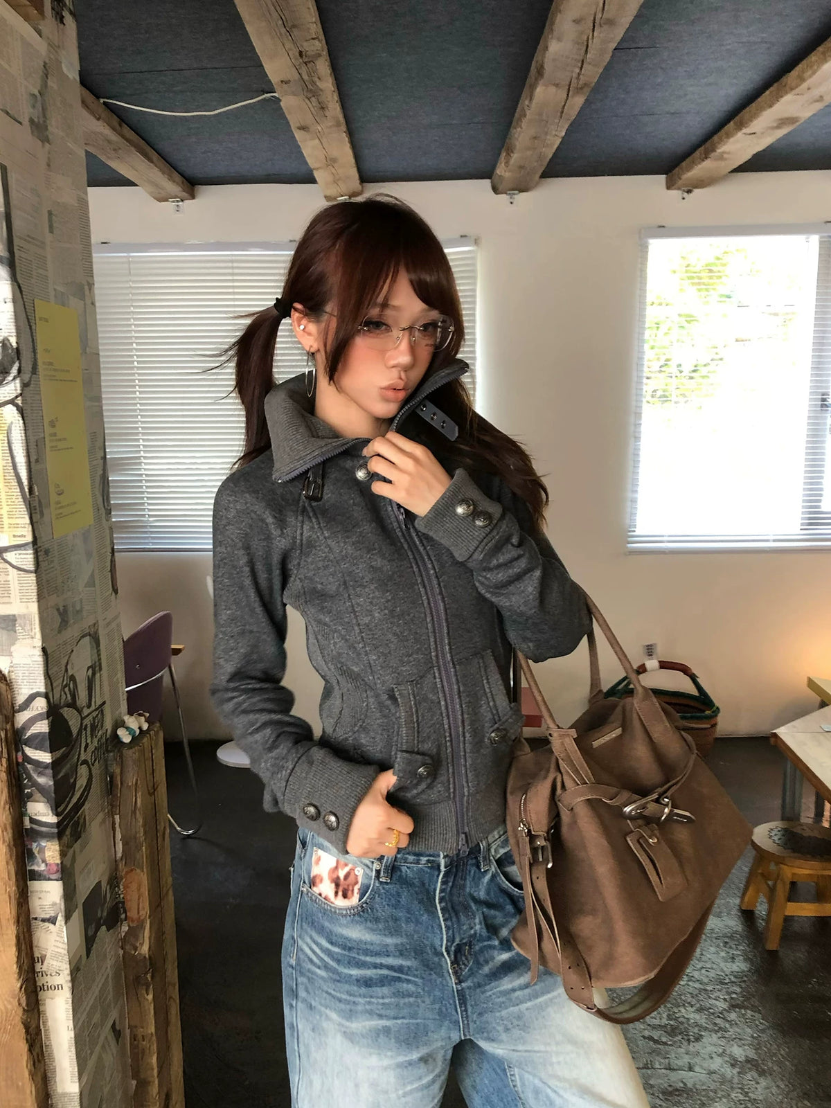 HABON Women's American Casual Lapel Zip-Up Cardigan Sweatshirt