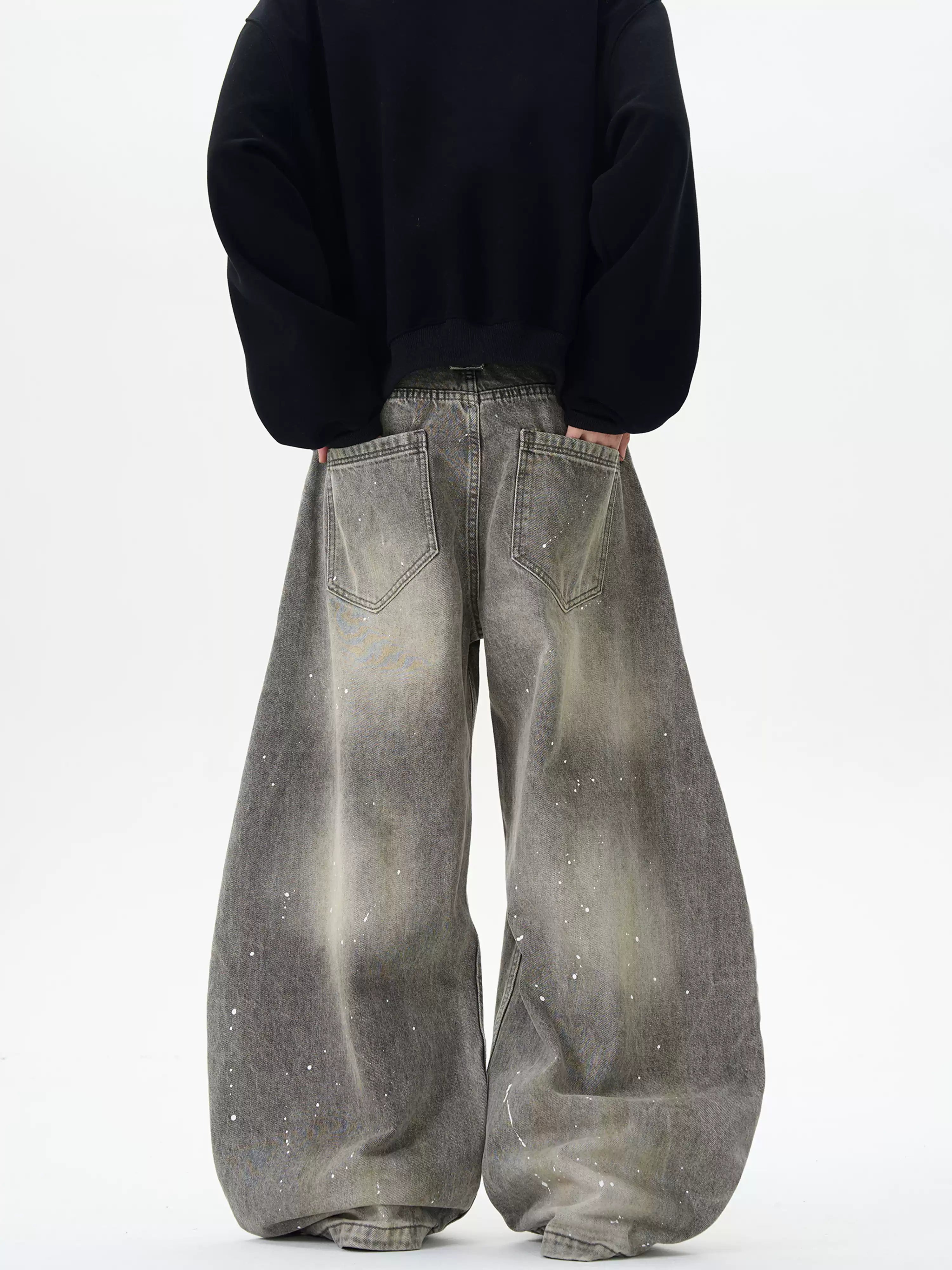 Washed Distressed Grey Ink-Splashed Scimitar Jeans