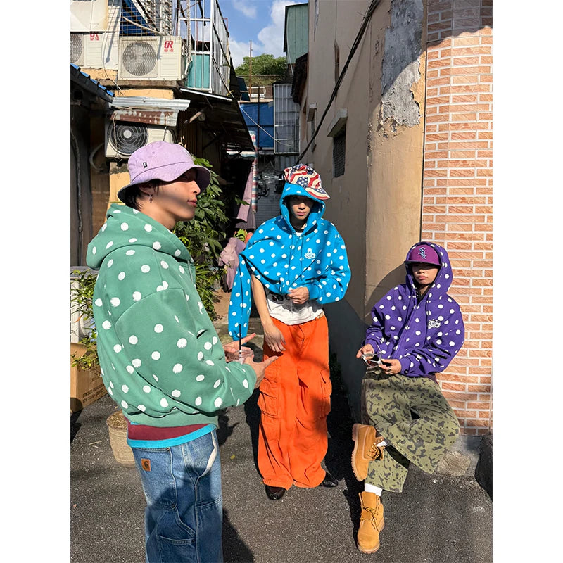 HABON American Style Polka Dot Full Print Zip Up Hooded Sweatshirt