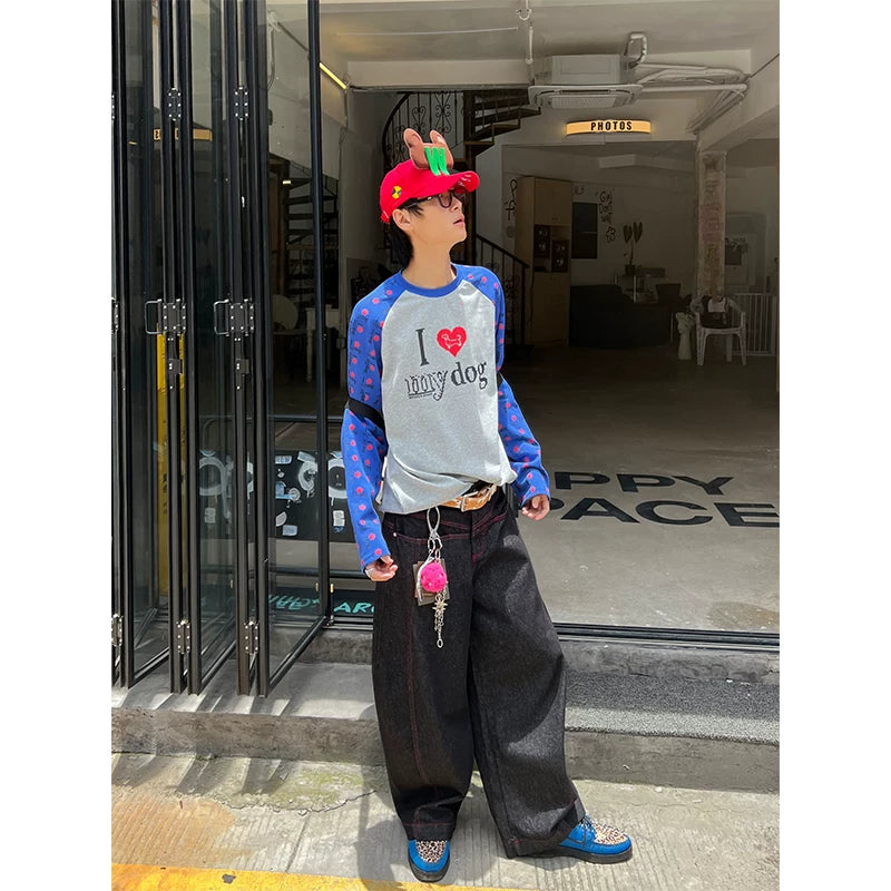 HABON American Retro Contrast Raglan Sleeve Long Sleeve T-Shirt
