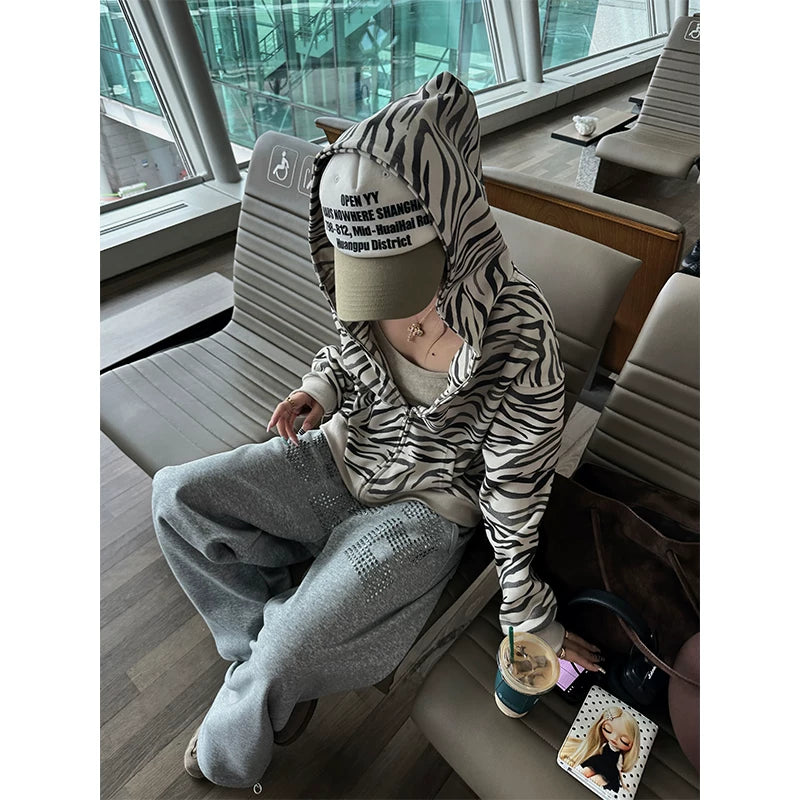 HABON American Style Zebra Print Zip Hoodie, Loose Fit for Men and Women, Grey