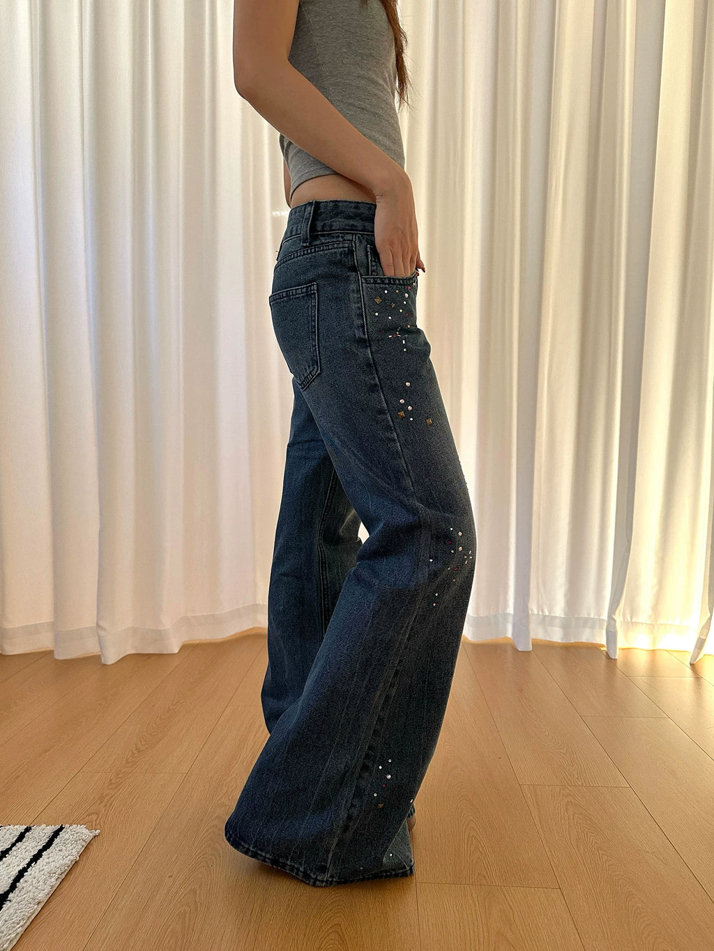 HABON Women's American Vintage Rivet Rhinestone Flared Denim Jeans