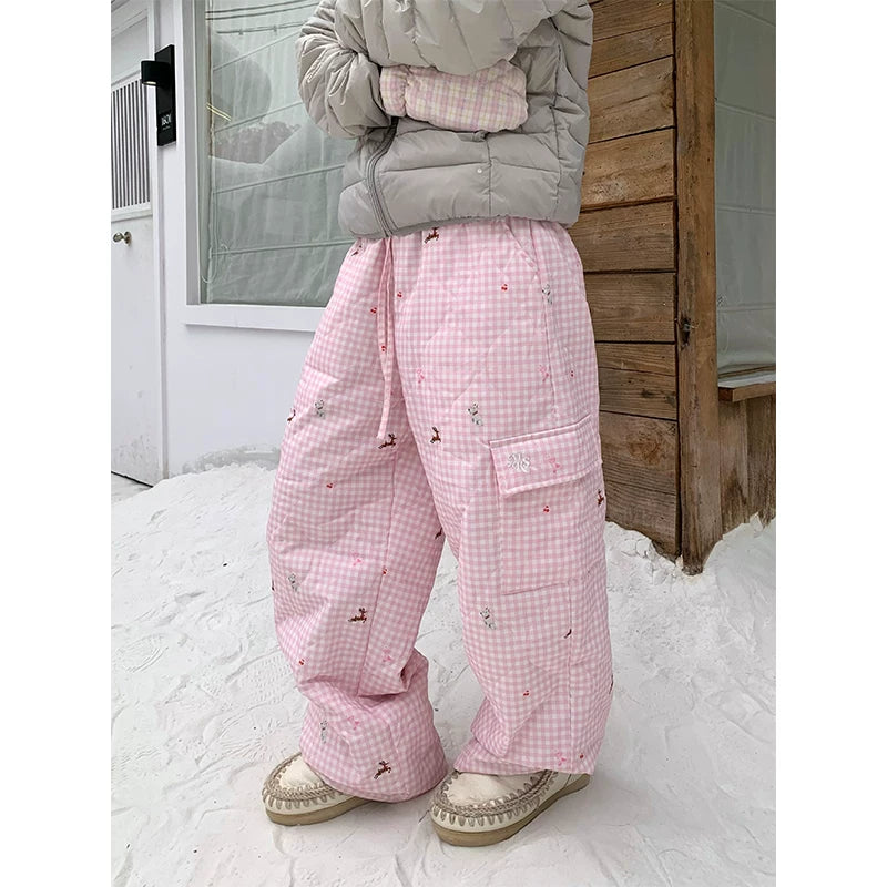 HABON Winter American Style Retro Plaid Loose Padded Warm Straight Pants