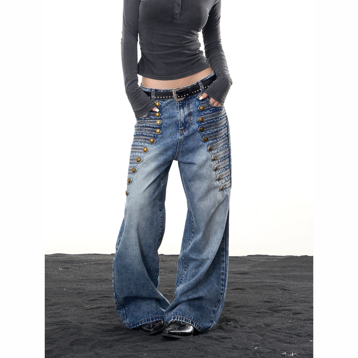 HABON American Vintage Court Style Multi-Button Low Waist Wide Leg Jeans