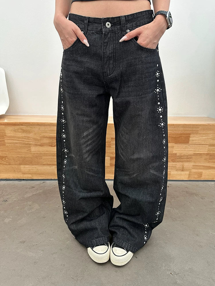 HABON American Style Beaded Straight Leg Jeans for Men and Women