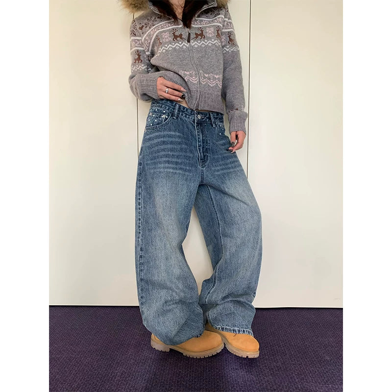 HABON American Style Star Print Washed Wide-Leg Jeans for Men and Women