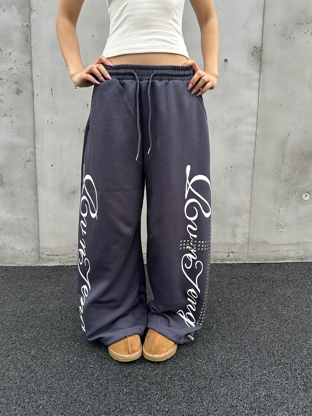 Unisex Letter Print Rivet Wide-Leg Drawstring Sweatpants
