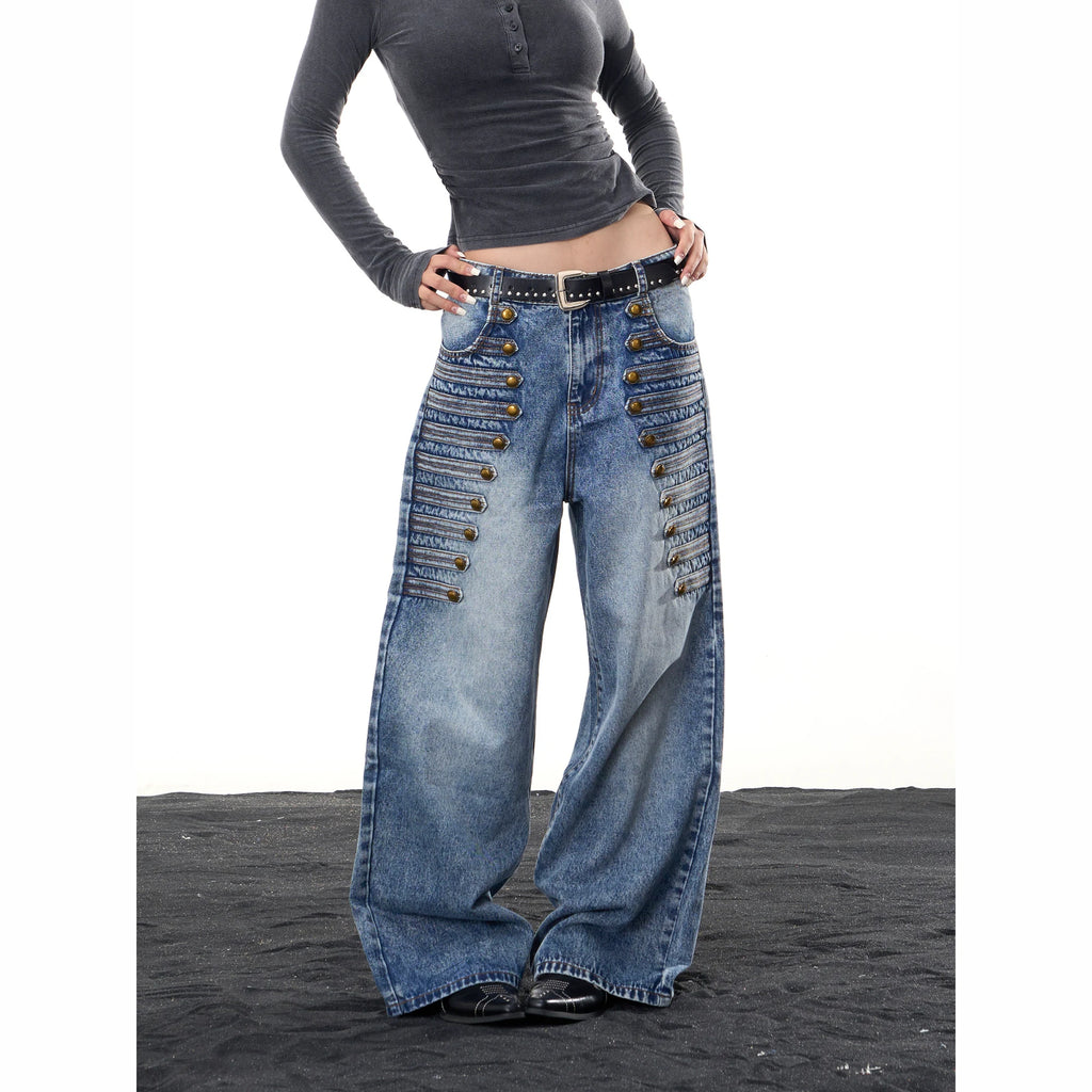 HABON American Vintage Court Style Multi-Button Low Waist Wide Leg Jeans