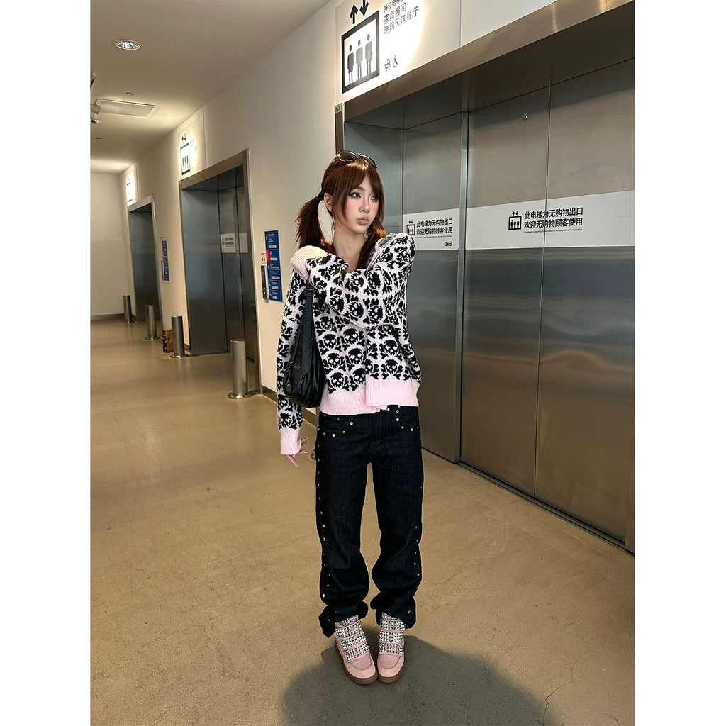 HABON American Skull Jacquard Hooded Knit Cardigan