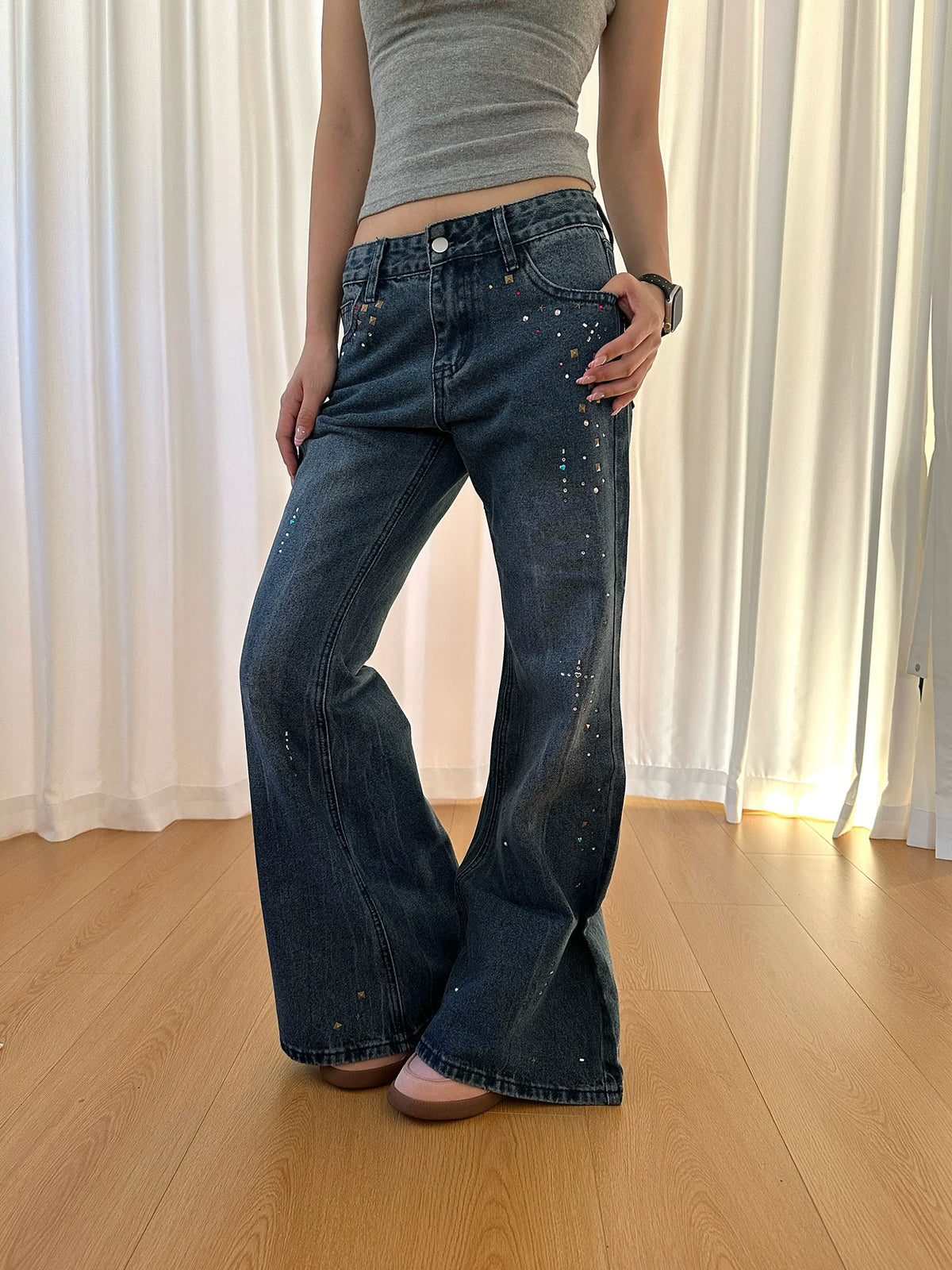 HABON Women's American Vintage Rivet Rhinestone Flared Denim Jeans
