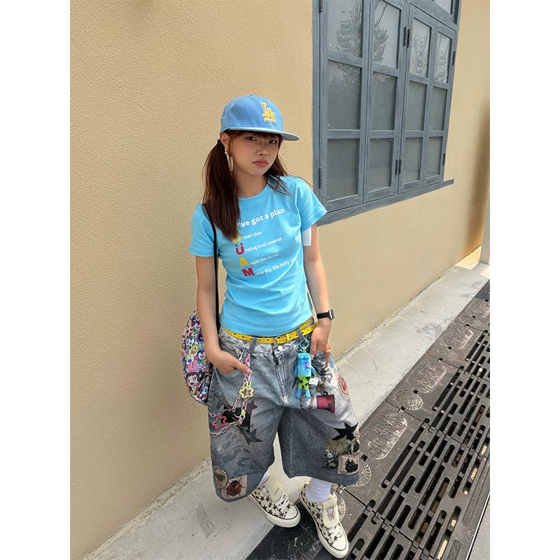 HABON American Style Washed Distressed 3D Printed Denim Shorts