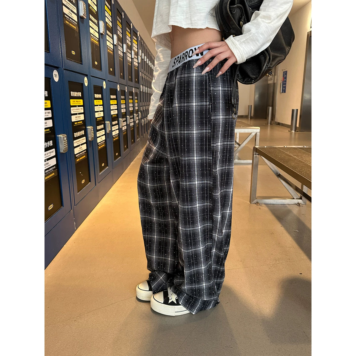 HABON American Style Rhinestone Plaid Casual Pants for Men and Women