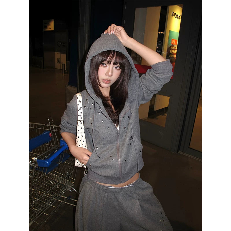 HABON American Style Studded Hooded Cardigan Sweatshirt Set