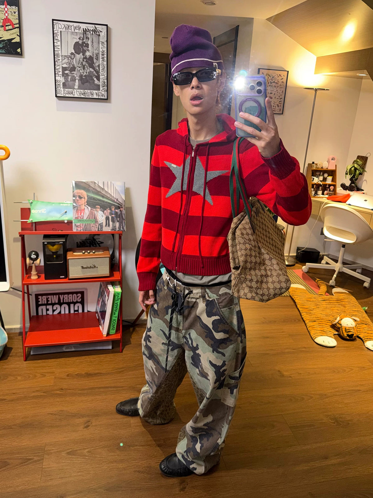 HABON American Style Leopard Patchwork Camo Loose Cargo Pants