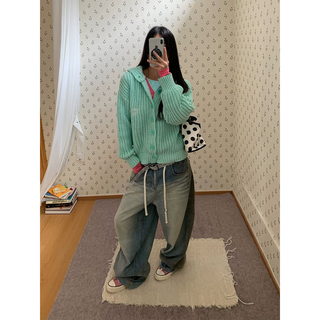 HABON American Style Casual Button Knitted Hooded Cardigan Sweater