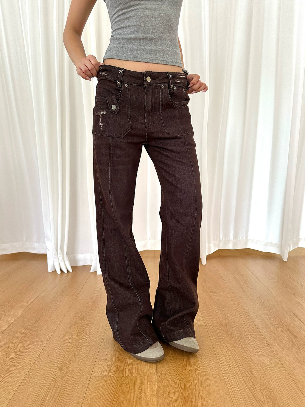 HABON Women's Vintage Distressed Flared Straight Leg Jeans